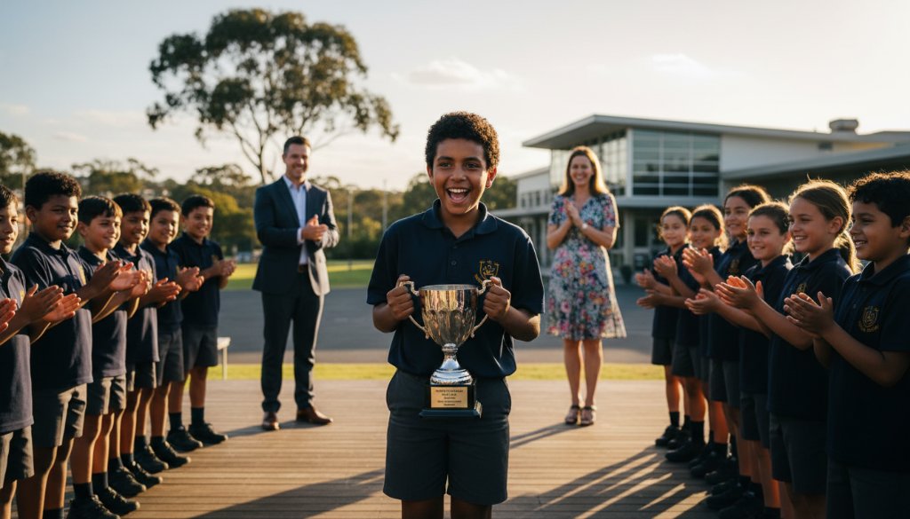 A triumphant Pakenham primary school student, arms raised in pure joy after receiving an award, surrounded by cheering classmates and proud teachers, bathed in golden afternoon light on their school oval, depicting Pakenham school photography authentic student milestones.