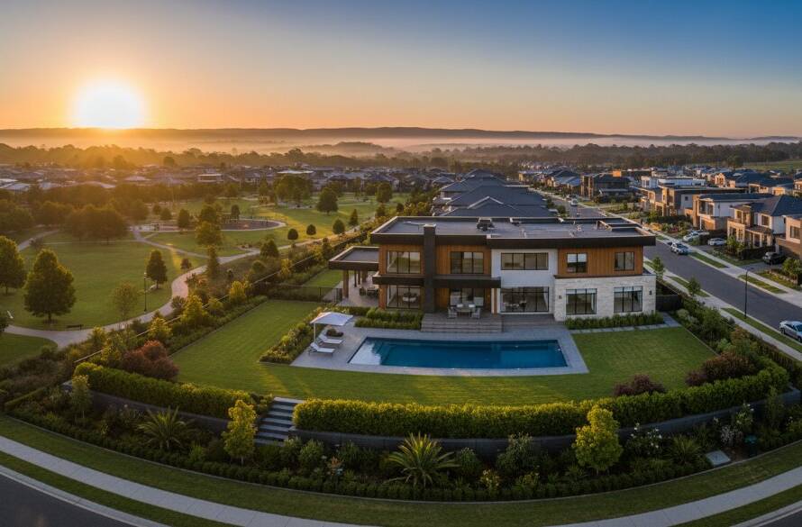 An awe-inspiring aerial panorama captured by Pakenham Victoria drone photography for real estate marketing, showcasing a modern home nestled amongst lush green Pakenham landscapes at sunrise, with golden light illuminating the scene and a dramatic sky overhead.