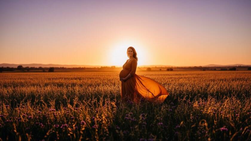 An expectant mother radiating joy amidst the golden hour glow of a Pakenham park, captured with stunning Pakenham Victoria maternity photography with natural light, showcasing her silhouette against a dramatic sunset.