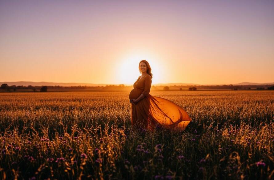 An expectant mother radiating joy amidst the golden hour glow of a Pakenham park, captured with stunning Pakenham Victoria maternity photography with natural light, showcasing her silhouette against a dramatic sunset.