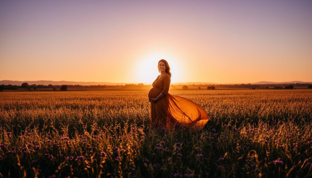 An expectant mother radiating joy amidst the golden hour glow of a Pakenham park, captured with stunning Pakenham Victoria maternity photography with natural light, showcasing her silhouette against a dramatic sunset.