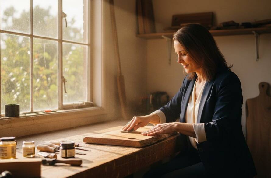 A dynamic, cinematic photograph of a local Park Orchards artisan showcasing their handcrafted product (perhaps a gourmet food item or bespoke homeware) in a beautifully styled setting, bathed in warm, dramatic natural light filtering through a window, emphasizing texture and detail, captured for Park Orchards advertising photography.