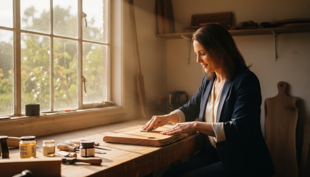 A dynamic, cinematic photograph of a local Park Orchards artisan showcasing their handcrafted product (perhaps a gourmet food item or bespoke homeware) in a beautifully styled setting, bathed in warm, dramatic natural light filtering through a window, emphasizing texture and detail, captured for Park Orchards advertising photography.