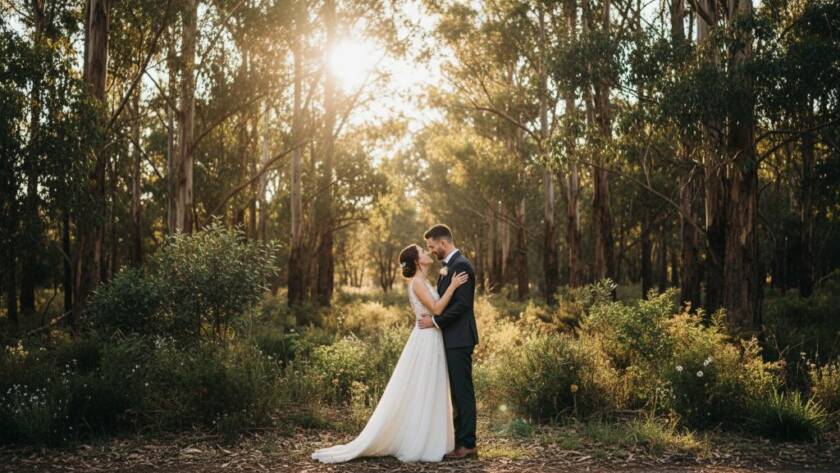 A newlywed couple sharing a tender kiss amidst the golden hour glow of the Park Orchards bushland, embodying captured Park Orchards bushland wedding photography moments with stunning natural light and depth.