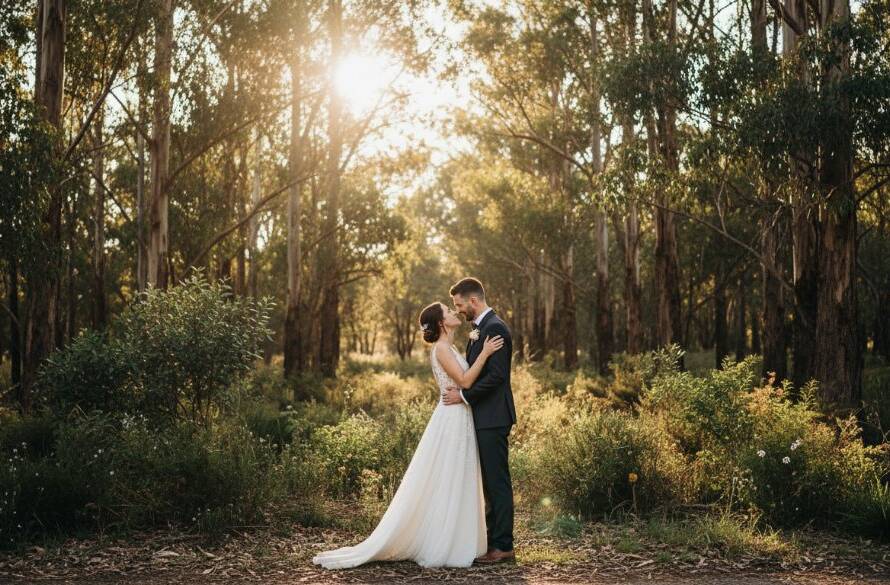 A newlywed couple sharing a tender kiss amidst the golden hour glow of the Park Orchards bushland, embodying captured Park Orchards bushland wedding photography moments with stunning natural light and depth.