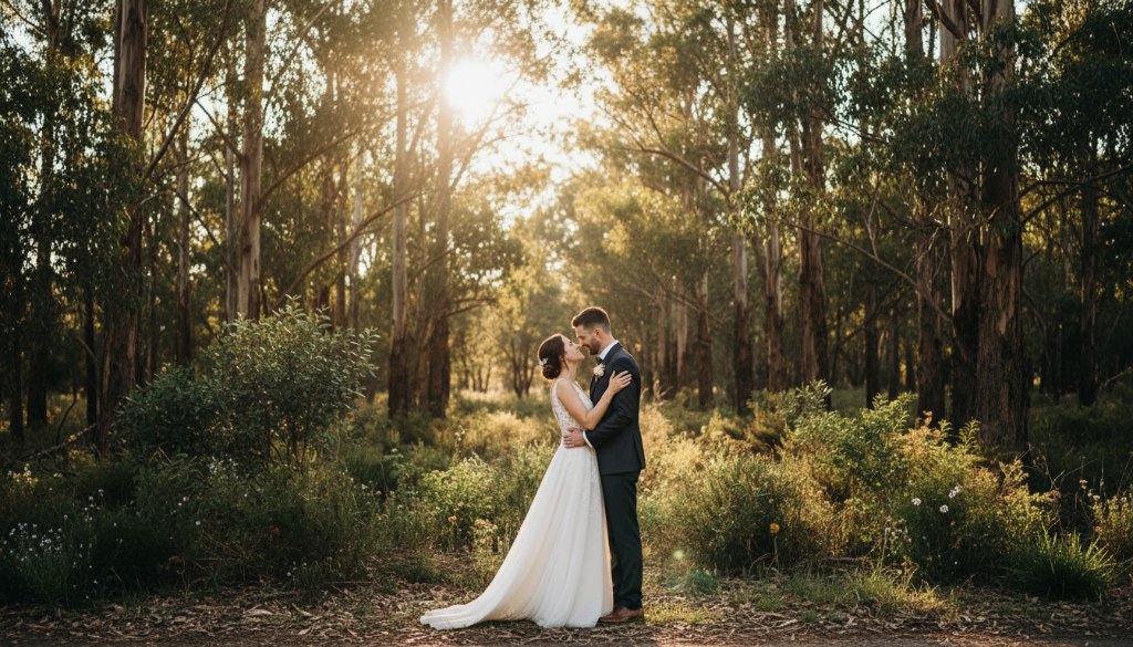 A newlywed couple sharing a tender kiss amidst the golden hour glow of the Park Orchards bushland, embodying captured Park Orchards bushland wedding photography moments with stunning natural light and depth.