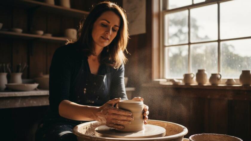 Dynamic hero shot for Park Orchards business branding photography Melbourne, showing a local artisan passionately crafting bespoke jewellery in their sunlit workshop, with golden hour light silhouetting their hands and tools, conveying dedication and craftsmanship.