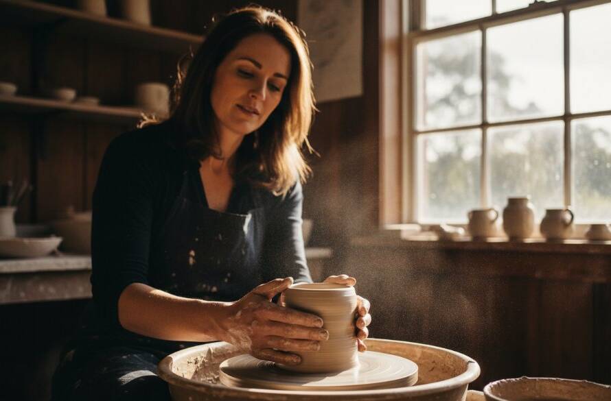 Dynamic hero shot for Park Orchards business branding photography Melbourne, showing a local artisan passionately crafting bespoke jewellery in their sunlit workshop, with golden hour light silhouetting their hands and tools, conveying dedication and craftsmanship.