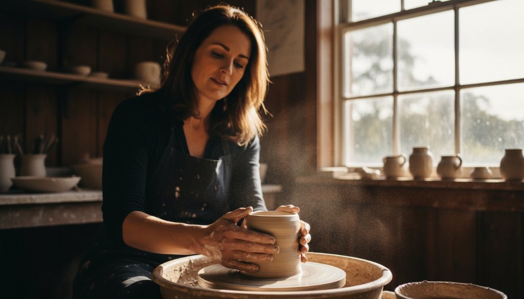 Dynamic hero shot for Park Orchards business branding photography Melbourne, showing a local artisan passionately crafting bespoke jewellery in their sunlit workshop, with golden hour light silhouetting their hands and tools, conveying dedication and craftsmanship.