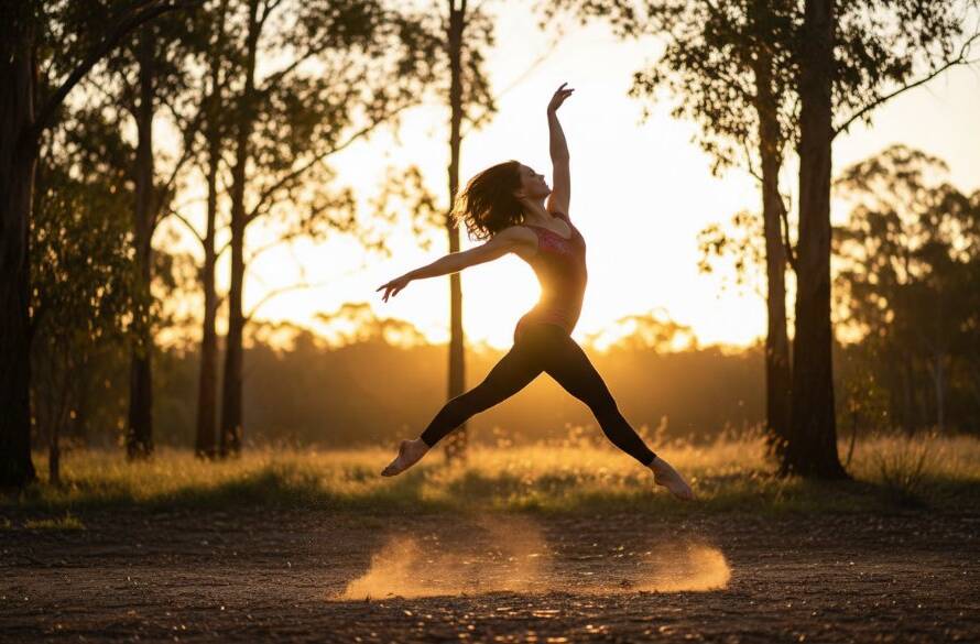 An epic moment shot featuring a dancer mid-leap, silhouetted against a setting sun in the natural bushland of Park Orchards, Victoria, embodying the essence of Park Orchards Dance Photography Capturing Movement with dramatic golden hour lighting and professional composition.