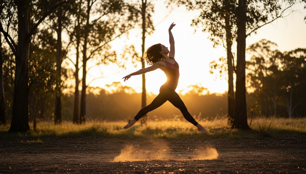 An epic moment shot featuring a dancer mid-leap, silhouetted against a setting sun in the natural bushland of Park Orchards, Victoria, embodying the essence of Park Orchards Dance Photography Capturing Movement with dramatic golden hour lighting and professional composition.