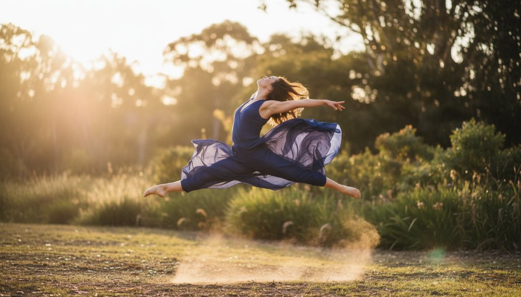 An epic moment in Park Orchards dance photography: capturing vibrant artistic expression, featuring a female dancer mid-air, silhouetted against a golden hour sunset over leafy Park Orchards landscape, displaying incredible power and grace.
