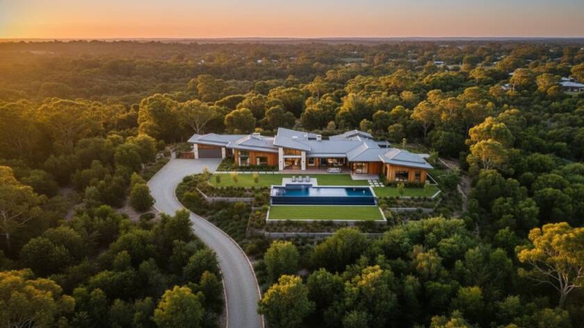A stunning aerial view showcasing a sprawling luxury property in Park Orchards at sunset, with golden light illuminating manicured gardens and distant gum trees. This epic moment of Park Orchards drone photography for expansive property views captures the true grandeur of the estate, reflecting its unique Australian charm and vastness.
