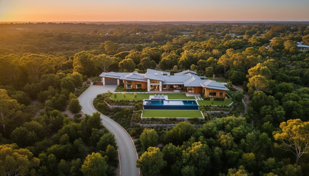 A stunning aerial view showcasing a sprawling luxury property in Park Orchards at sunset, with golden light illuminating manicured gardens and distant gum trees. This epic moment of Park Orchards drone photography for expansive property views captures the true grandeur of the estate, reflecting its unique Australian charm and vastness.