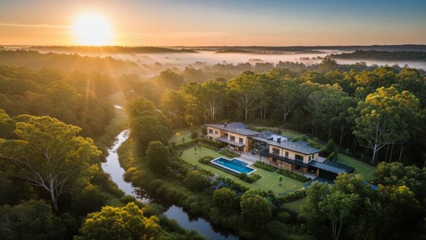 A stunning golden hour aerial view of Park Orchards, Victoria, captured by drone, highlighting the lush green canopy and a winding river at sunset, showcasing Park Orchards drone photography unique aerial views Victoria with dramatic, professional lighting.