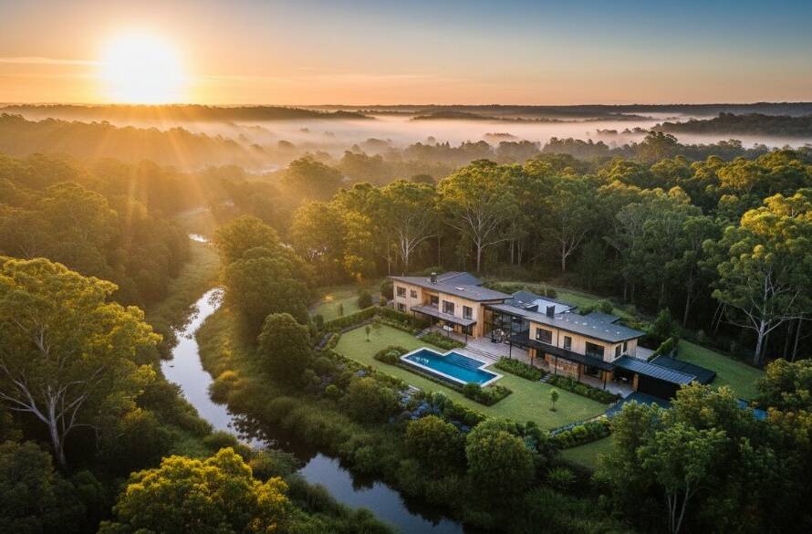A stunning golden hour aerial view of Park Orchards, Victoria, captured by drone, highlighting the lush green canopy and a winding river at sunset, showcasing Park Orchards drone photography unique aerial views Victoria with dramatic, professional lighting.