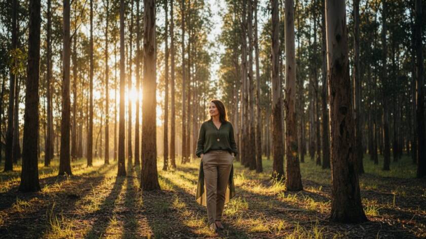 A stunning fine art portrait showcasing an individual amidst the natural, leafy backdrop of Park Orchards, Victoria, bathed in dramatic golden hour light, embodying Park Orchards fine art photography storytelling with a sense of wonder and profound personal legacy.