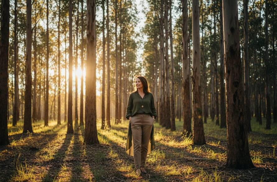 A stunning fine art portrait showcasing an individual amidst the natural, leafy backdrop of Park Orchards, Victoria, bathed in dramatic golden hour light, embodying Park Orchards fine art photography storytelling with a sense of wonder and profound personal legacy.