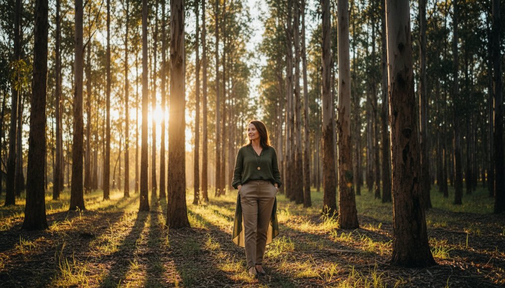 A stunning fine art portrait showcasing an individual amidst the natural, leafy backdrop of Park Orchards, Victoria, bathed in dramatic golden hour light, embodying Park Orchards fine art photography storytelling with a sense of wonder and profound personal legacy.