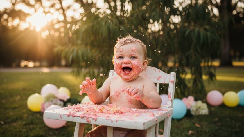 An epic moment captured in Park Orchards first birthday cake smash photography with vibrant colours, featuring a joyous baby covered in cake, laughing amidst colourful props and dramatic golden hour light in a beautiful outdoor setting.
