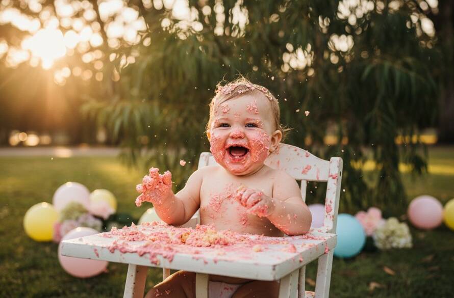 An epic moment captured in Park Orchards first birthday cake smash photography with vibrant colours, featuring a joyous baby covered in cake, laughing amidst colourful props and dramatic golden hour light in a beautiful outdoor setting.