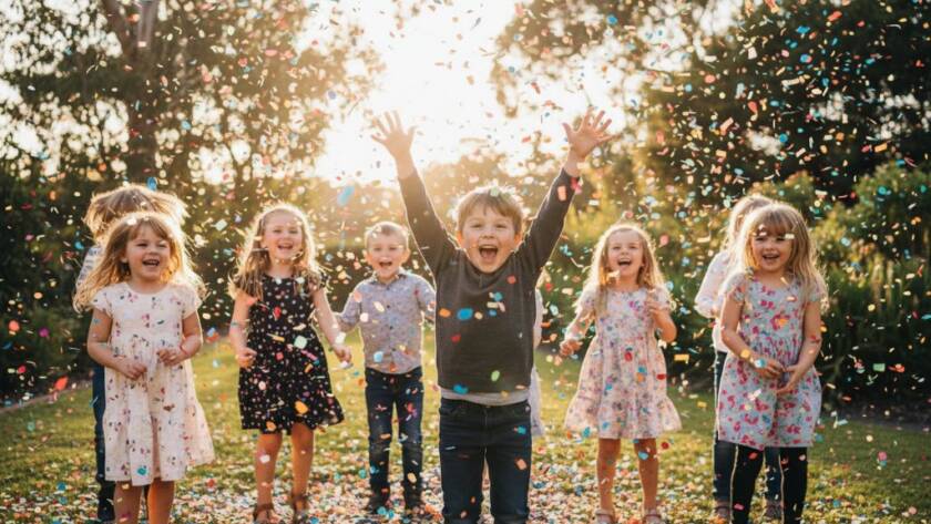 Vibrant and joyous Park Orchards kids party photography memories featuring a child mid-laugh, surrounded by confetti and friends, captured with dramatic backlight at sunset.