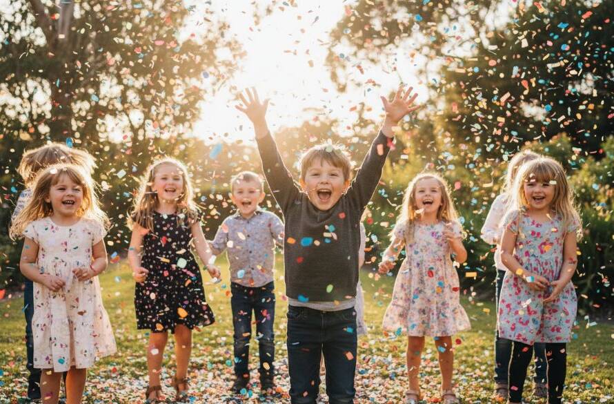 Vibrant and joyous Park Orchards kids party photography memories featuring a child mid-laugh, surrounded by confetti and friends, captured with dramatic backlight at sunset.