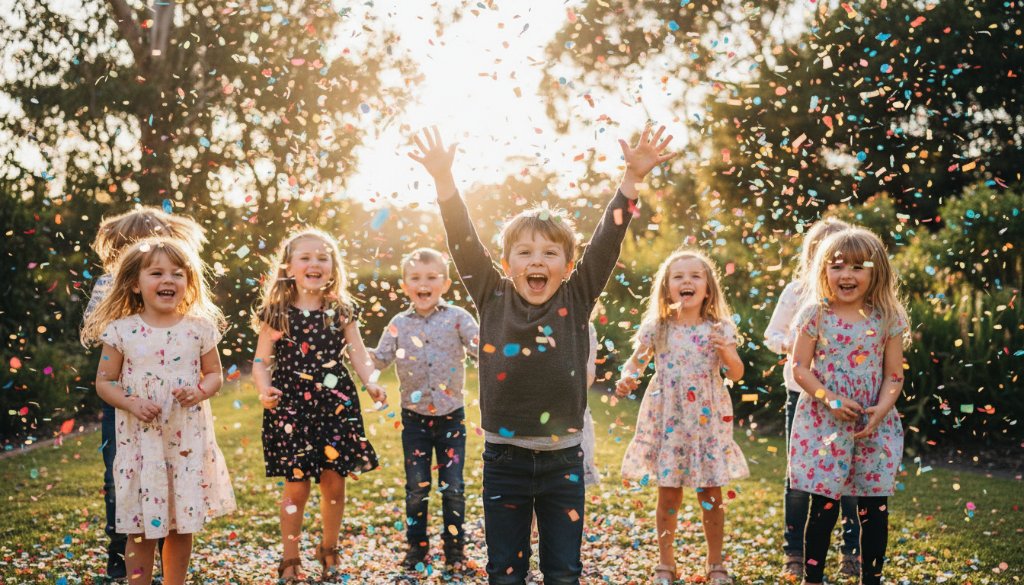 Vibrant and joyous Park Orchards kids party photography memories featuring a child mid-laugh, surrounded by confetti and friends, captured with dramatic backlight at sunset.