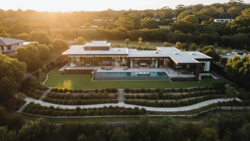 Stunning panoramic view of a modern luxury home in Park Orchards, bathed in golden hour light, showcasing its expansive outdoor living area and lush gardens, captured with expert Park Orchards luxury real estate photography.