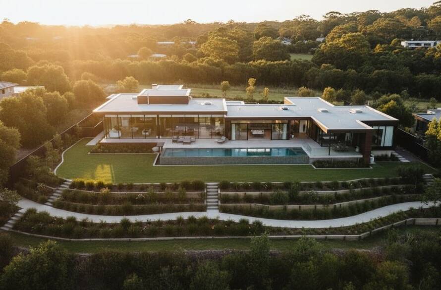 Stunning panoramic view of a modern luxury home in Park Orchards, bathed in golden hour light, showcasing its expansive outdoor living area and lush gardens, captured with expert Park Orchards luxury real estate photography.