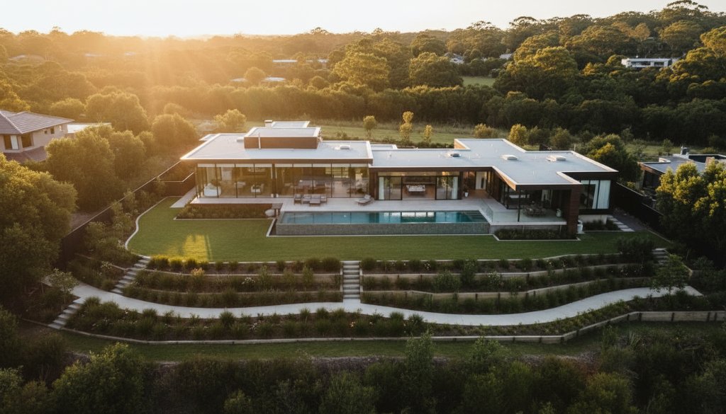 Stunning panoramic view of a modern luxury home in Park Orchards, bathed in golden hour light, showcasing its expansive outdoor living area and lush gardens, captured with expert Park Orchards luxury real estate photography.