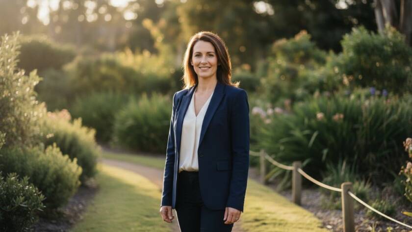 A dynamic and confident Park Orchards personalised professional headshot of a smiling female entrepreneur, bathed in warm, natural light from a window in a modern Park Orchards office, showcasing her approachable yet authoritative presence, with a shallow depth of field highlighting her expression against a subtle, elegant background. Cinematic, professional colour grading.