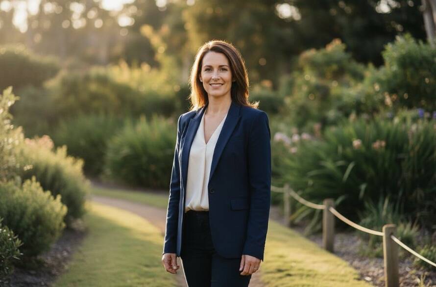 A dynamic and confident Park Orchards personalised professional headshot of a smiling female entrepreneur, bathed in warm, natural light from a window in a modern Park Orchards office, showcasing her approachable yet authoritative presence, with a shallow depth of field highlighting her expression against a subtle, elegant background. Cinematic, professional colour grading.