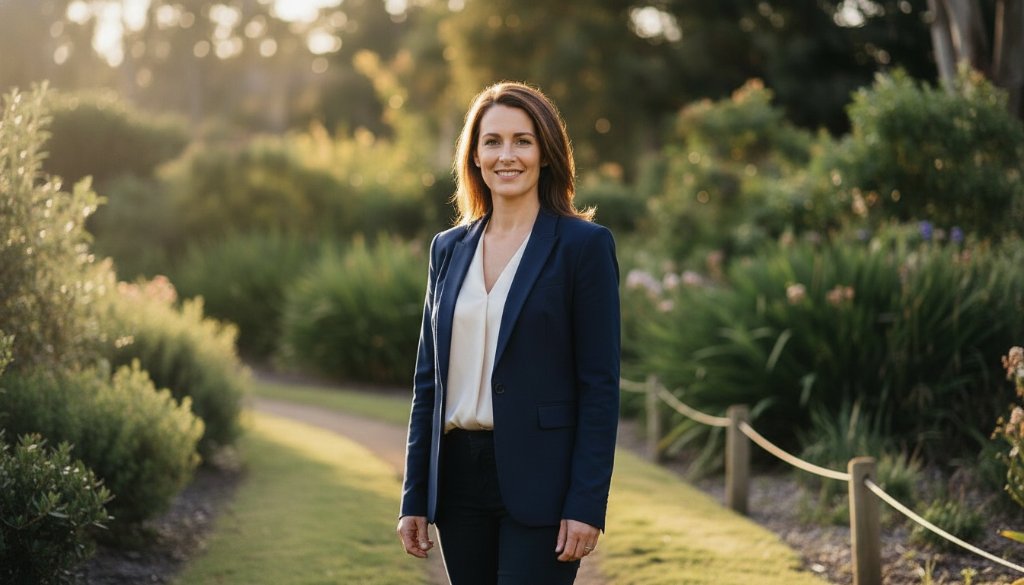 A dynamic and confident Park Orchards personalised professional headshot of a smiling female entrepreneur, bathed in warm, natural light from a window in a modern Park Orchards office, showcasing her approachable yet authoritative presence, with a shallow depth of field highlighting her expression against a subtle, elegant background. Cinematic, professional colour grading.