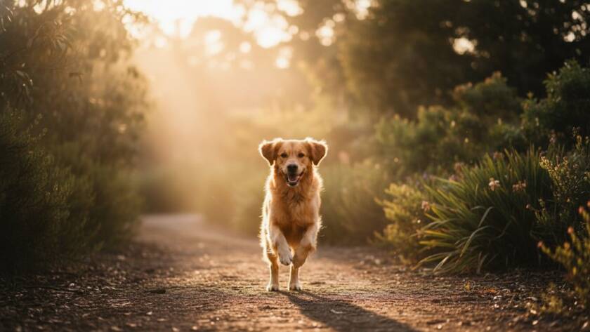 An ecstatic golden retriever leaping gracefully through dappled sunlight in a Park Orchards park, showcasing Park Orchards pet photography capturing cherished moments with a dramatic, professional touch.