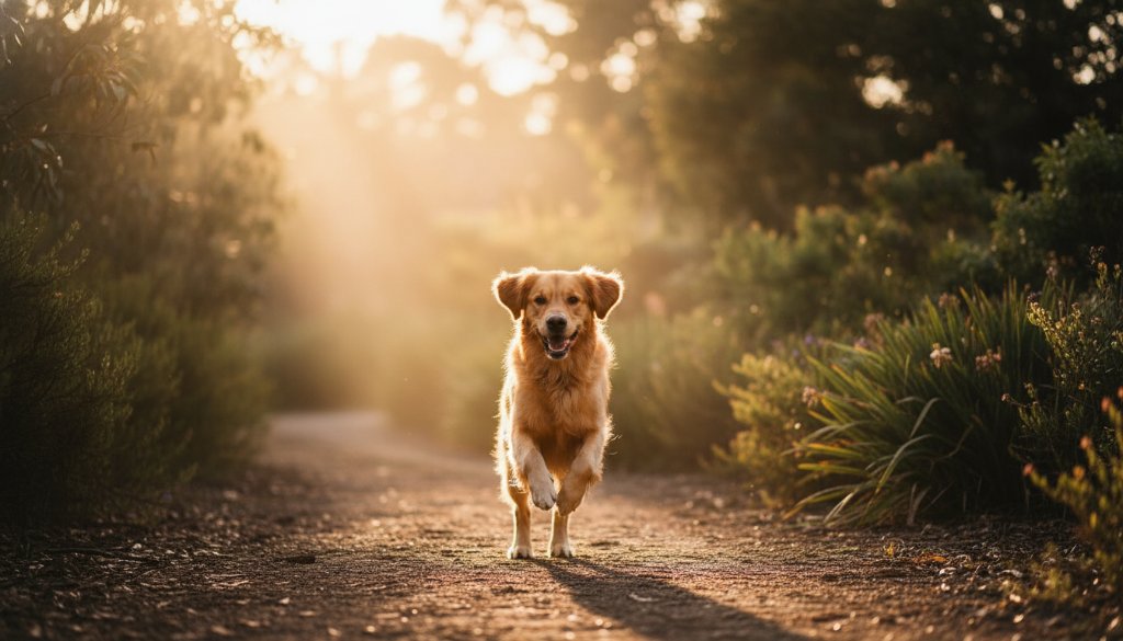 An ecstatic golden retriever leaping gracefully through dappled sunlight in a Park Orchards park, showcasing Park Orchards pet photography capturing cherished moments with a dramatic, professional touch.