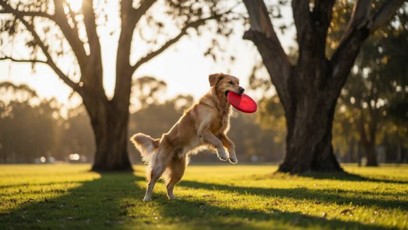 A golden retriever mid-leap, joyfully catching a frisbee in a sun-drenched Park Orchards park, showcasing Park Orchards pet photography capturing joy with dynamic action and stunning natural light.