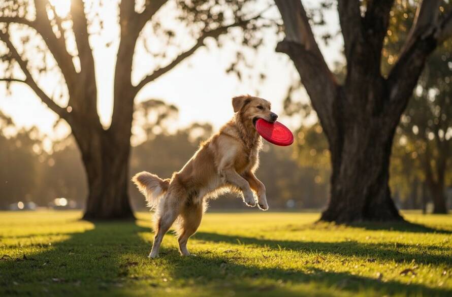 A golden retriever mid-leap, joyfully catching a frisbee in a sun-drenched Park Orchards park, showcasing Park Orchards pet photography capturing joy with dynamic action and stunning natural light.