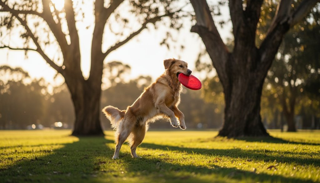 A golden retriever mid-leap, joyfully catching a frisbee in a sun-drenched Park Orchards park, showcasing Park Orchards pet photography capturing joy with dynamic action and stunning natural light.