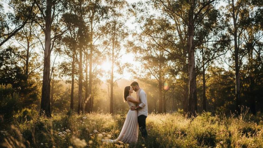An engaged couple sharing a tender moment at sunset, surrounded by lush eucalypts at a premium Park Orchards pre-wedding photoshoot location Victoria, captured with dramatic lighting and professional colour grading.