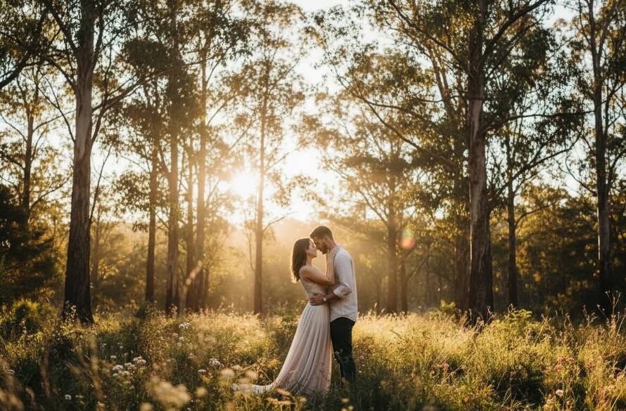 An engaged couple sharing a tender moment at sunset, surrounded by lush eucalypts at a premium Park Orchards pre-wedding photoshoot location Victoria, captured with dramatic lighting and professional colour grading.