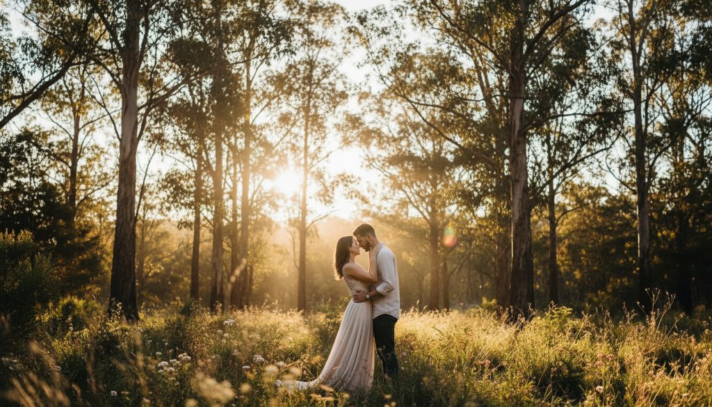 An engaged couple sharing a tender moment at sunset, surrounded by lush eucalypts at a premium Park Orchards pre-wedding photoshoot location Victoria, captured with dramatic lighting and professional colour grading.
