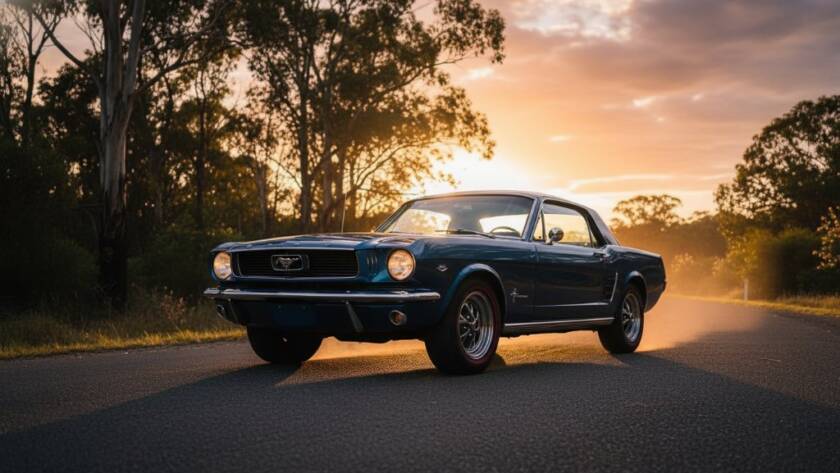 An exquisite vintage red sports car, gleaming under dramatic sunset light, parked on a winding road with lush greenery of Park Orchards in the background, showcasing bespoke Park Orchards prestige car photography experiences.