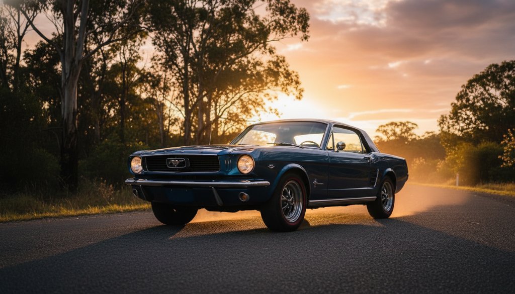 An exquisite vintage red sports car, gleaming under dramatic sunset light, parked on a winding road with lush greenery of Park Orchards in the background, showcasing bespoke Park Orchards prestige car photography experiences.