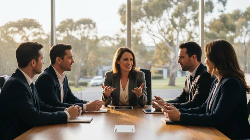 Dynamic group portrait showcasing a diverse team of professionals in Park Orchards, Victoria, actively collaborating in a modern, light-filled office space, captured with a cinematic style and dramatic backlighting, embodying 'Park Orchards Professional Corporate Photography for Businesses'.