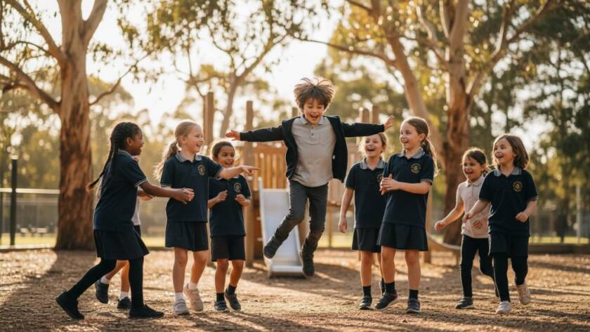 A joyous and candid portrait capturing an authentic moment during Park Orchards school photography, featuring a diverse group of primary school children laughing and interacting naturally in a sun-drenched playground setting at a Park Orchards school, showcasing genuine expressions and professional color grading.