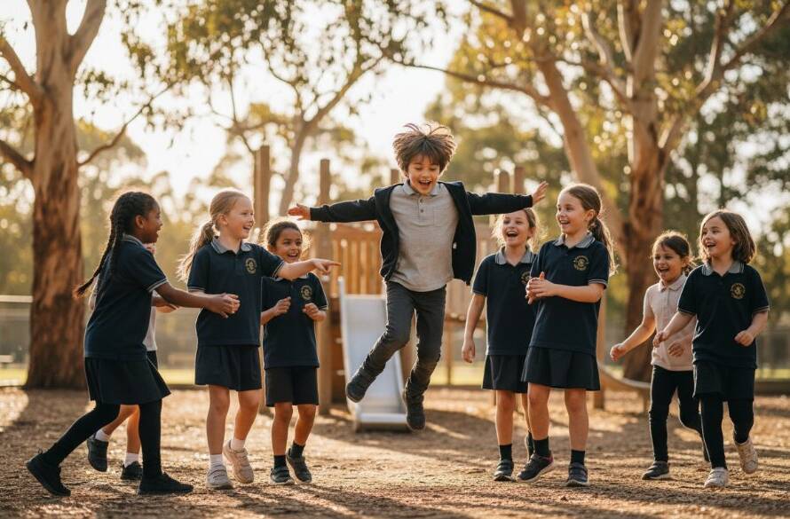 A joyous and candid portrait capturing an authentic moment during Park Orchards school photography, featuring a diverse group of primary school children laughing and interacting naturally in a sun-drenched playground setting at a Park Orchards school, showcasing genuine expressions and professional color grading.