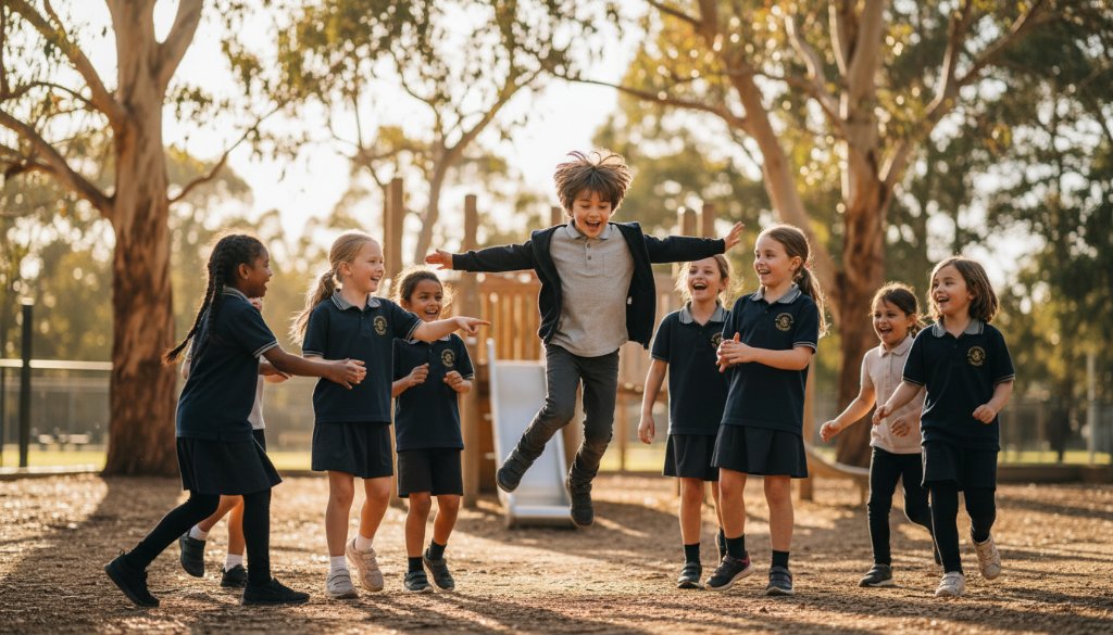 A joyous and candid portrait capturing an authentic moment during Park Orchards school photography, featuring a diverse group of primary school children laughing and interacting naturally in a sun-drenched playground setting at a Park Orchards school, showcasing genuine expressions and professional color grading.