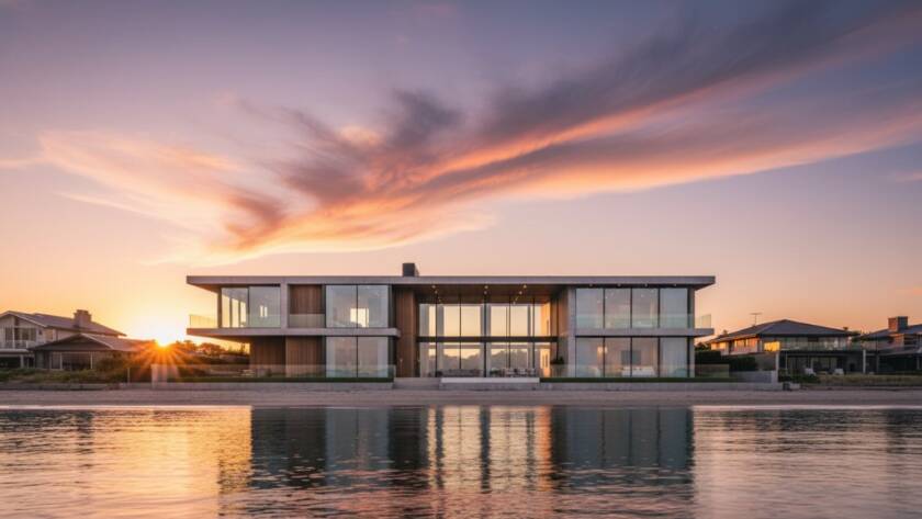 A striking professional photograph showcasing the elegant lines of a modern beach house in Parkdale, Victoria, at sunset, capturing the unique essence of Parkdale beachfront architecture photography with warm golden light reflecting off the facade.