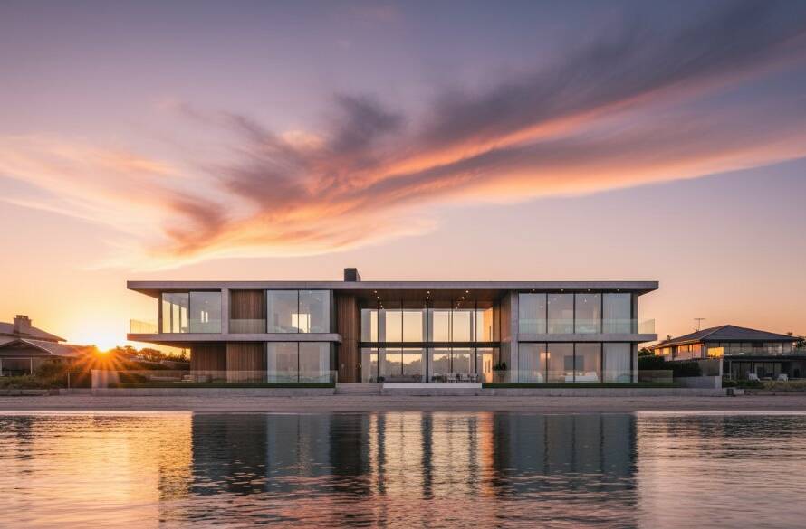 A striking professional photograph showcasing the elegant lines of a modern beach house in Parkdale, Victoria, at sunset, capturing the unique essence of Parkdale beachfront architecture photography with warm golden light reflecting off the facade.